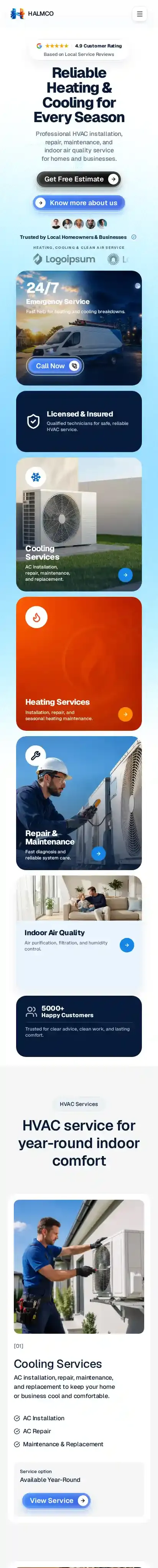 Halmco HVAC home page on mobile