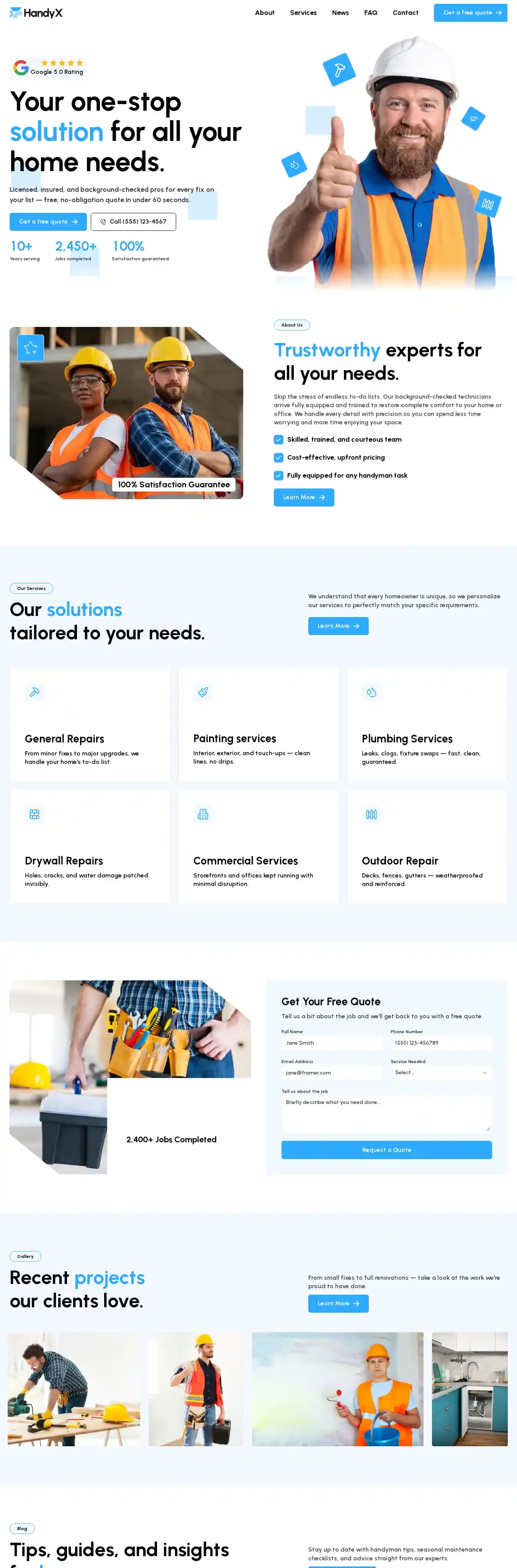 handyx home page on desktop