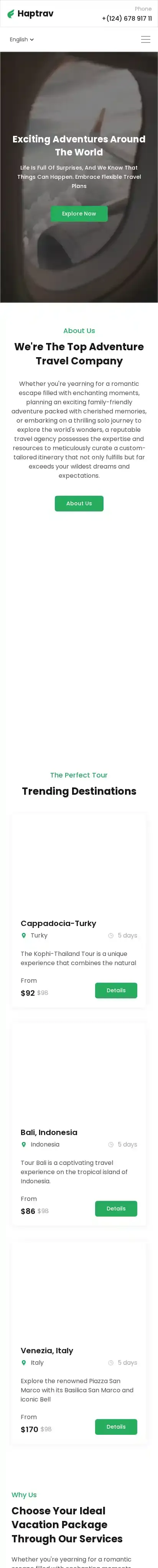 Haptrav home page on mobile