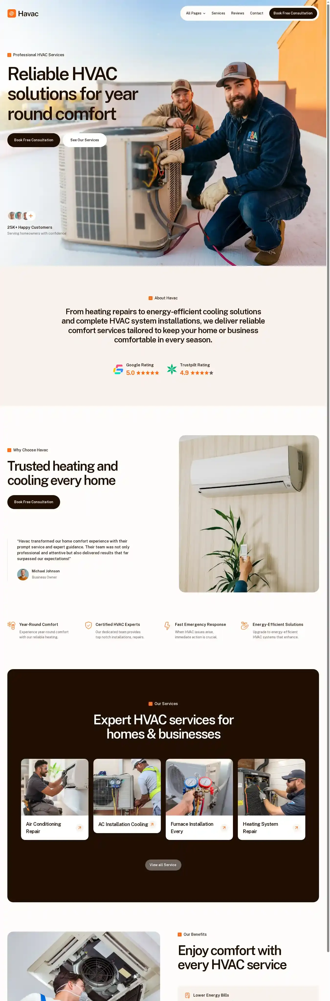 Havac home page on desktop