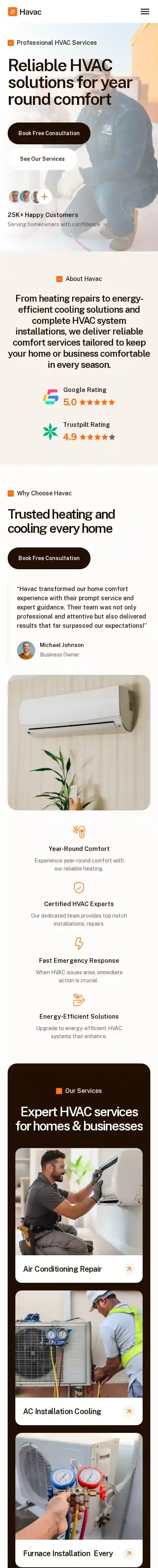 Havac home page on mobile