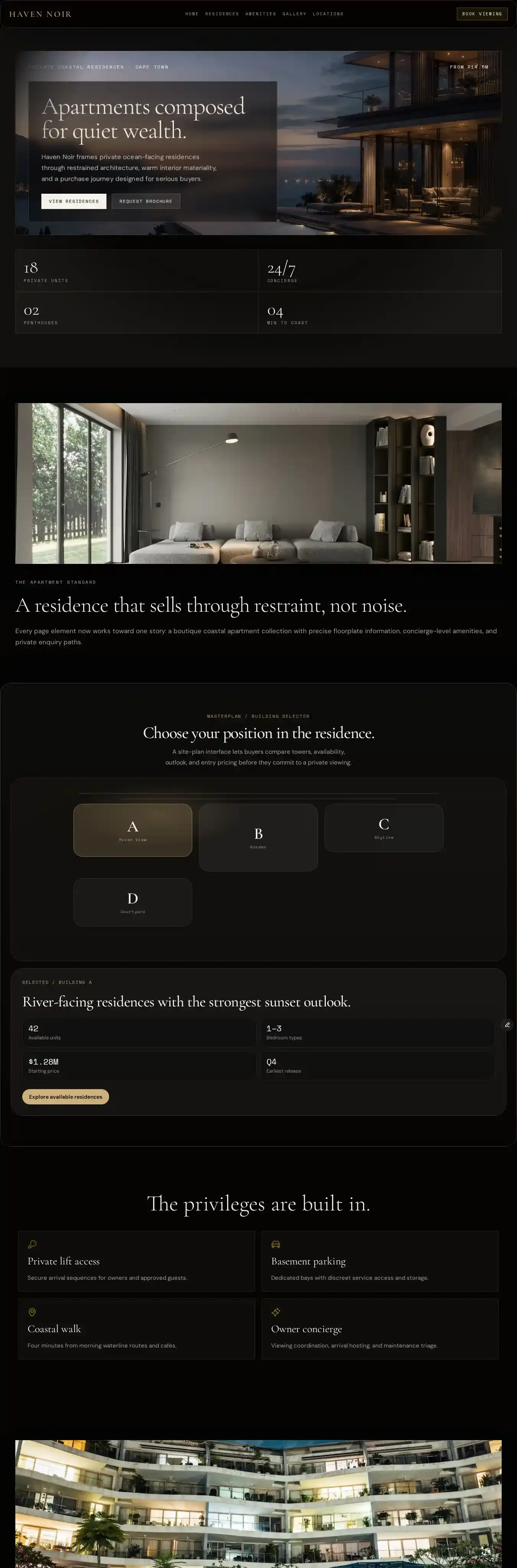 Haven Noir home page on desktop