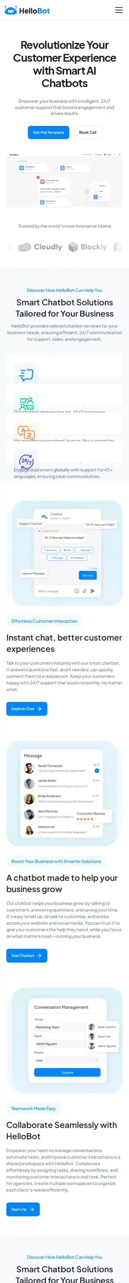 HelloBot home page on mobile