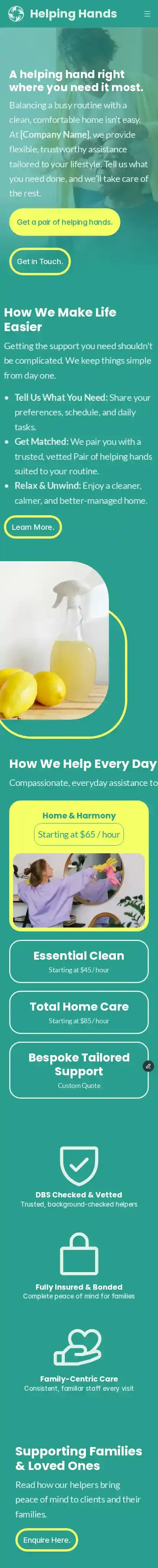 Helping Hands home page on mobile