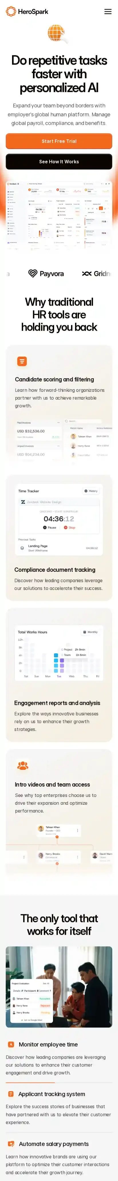 HeroSpark home page on mobile