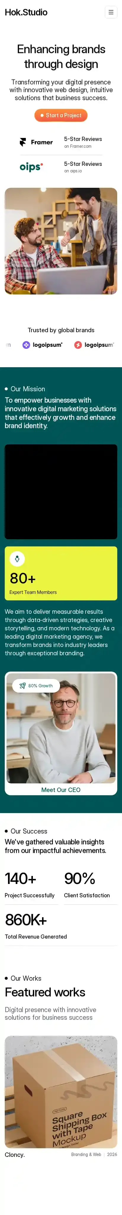 Hok Studio home page on mobile