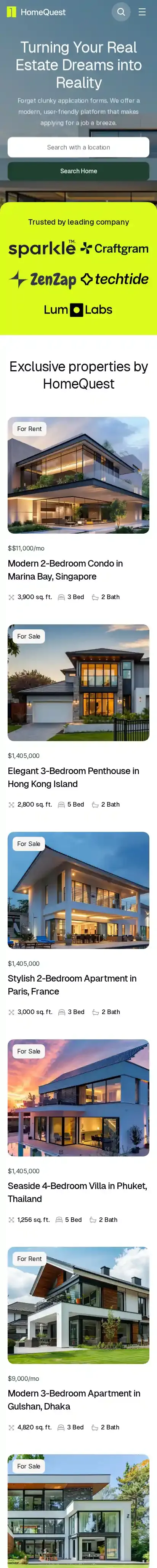HomeQuest home page on mobile
