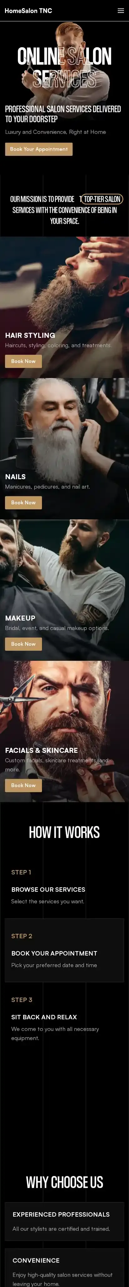 HomeSalon TNC home page on mobile