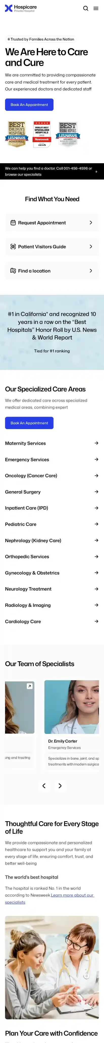 Hospicare home page on mobile