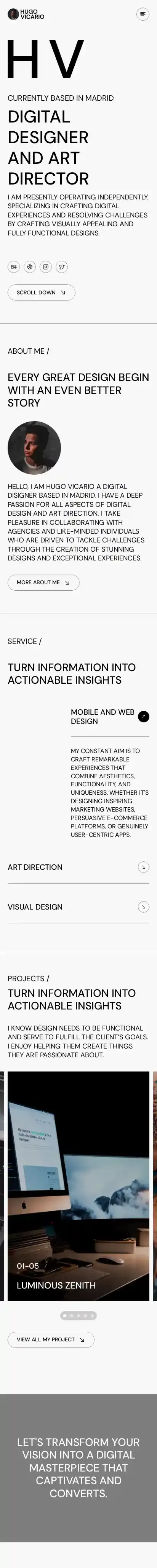 Hugo Vicario home page on mobile