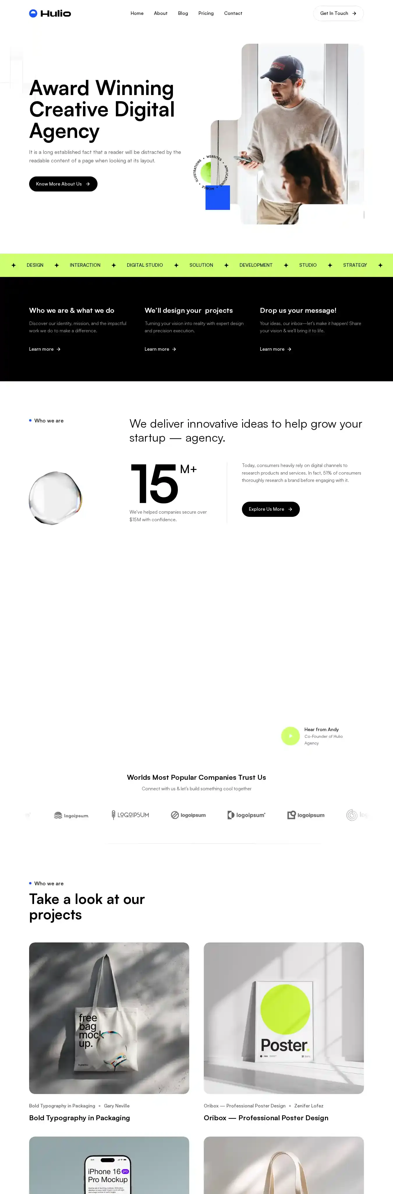 Hulio home page on desktop