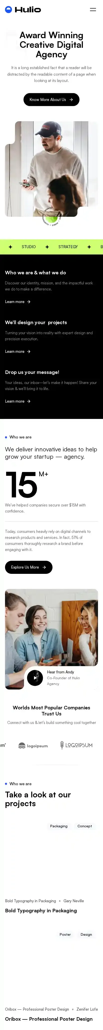 Hulio home page on mobile
