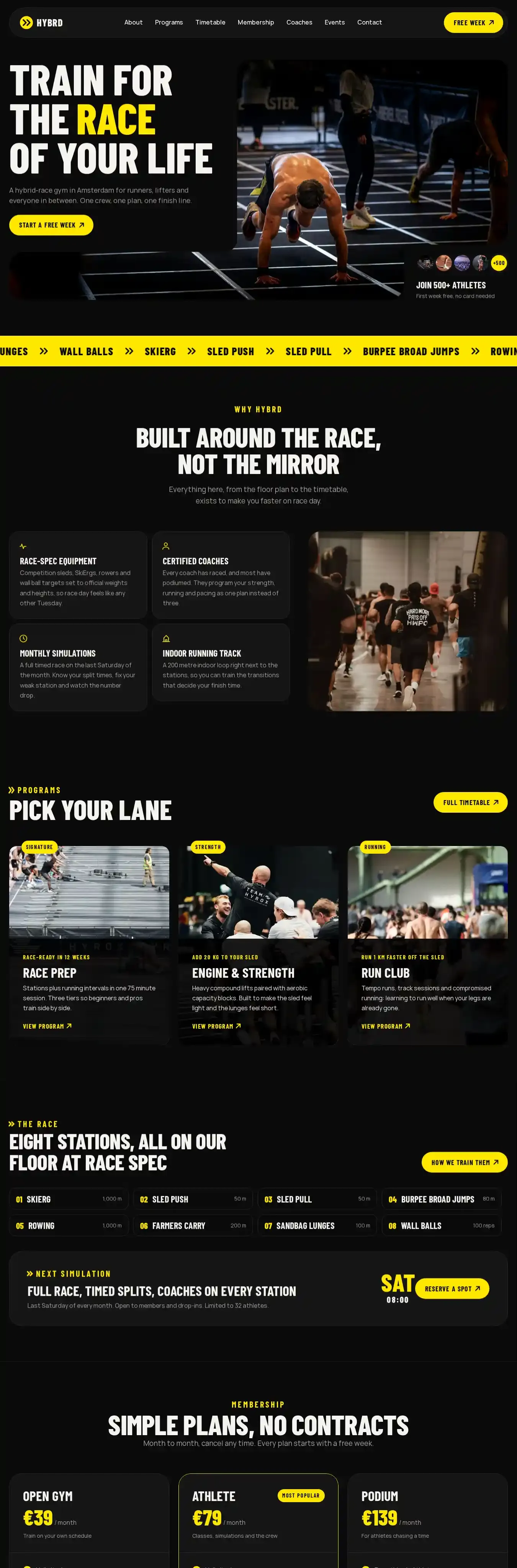 HYBRD Race Gym home page on desktop