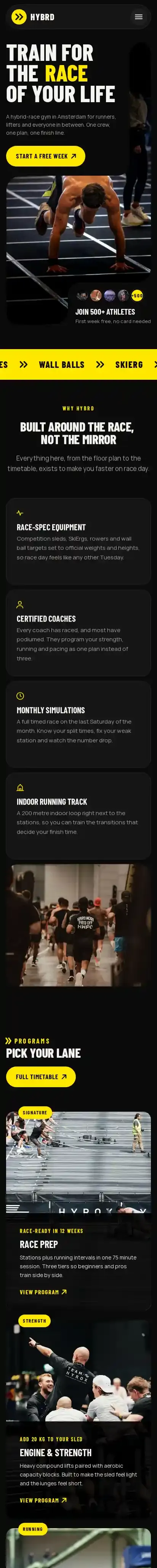 HYBRD Race Gym home page on mobile