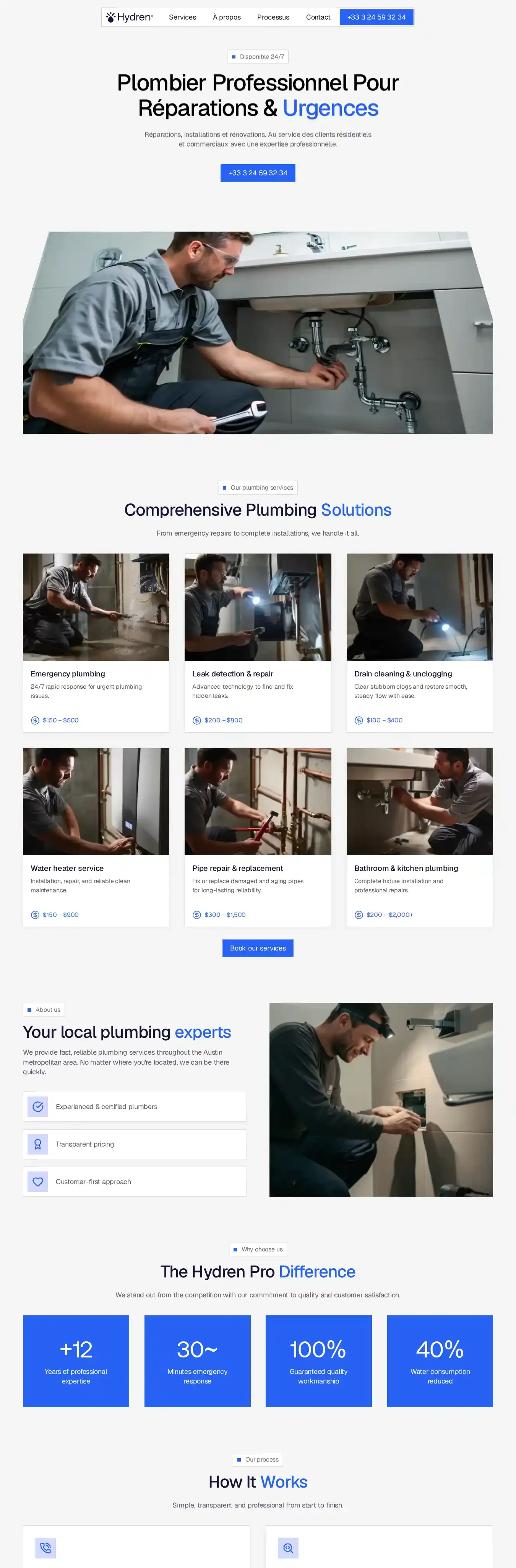 Hydren Plumbing home page on desktop