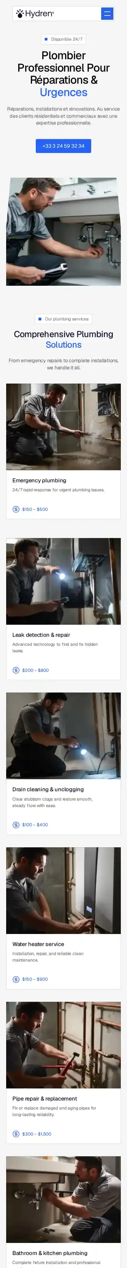 Hydren Plumbing home page on mobile
