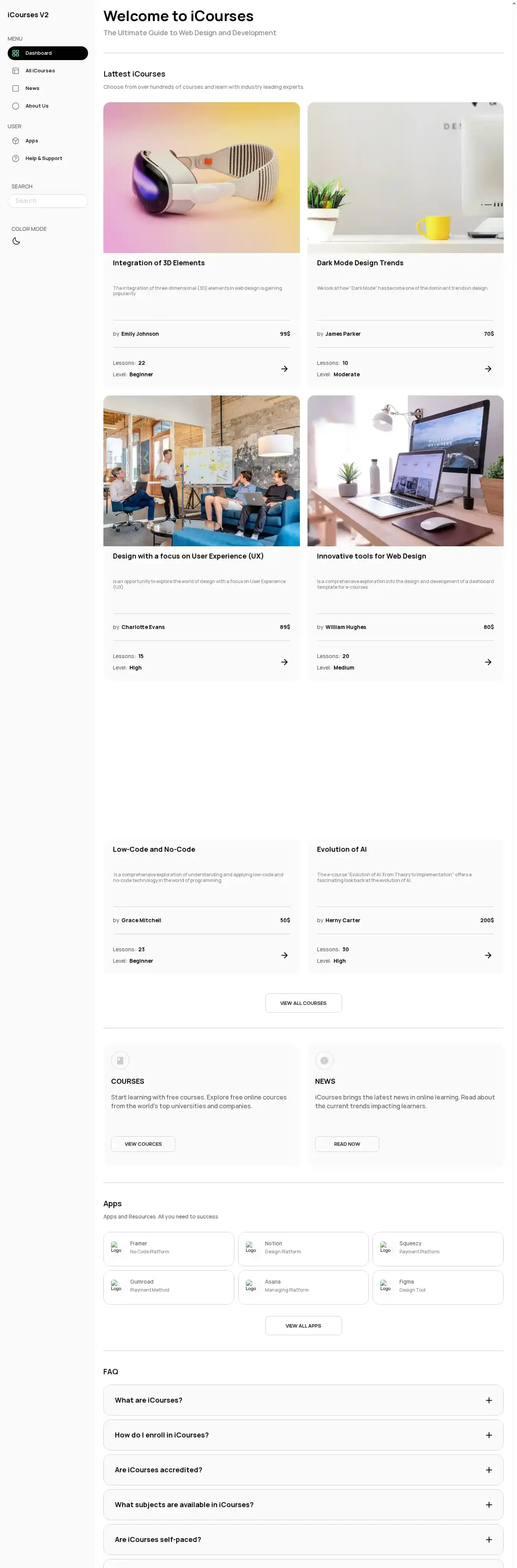 iCourses V2 home page on desktop