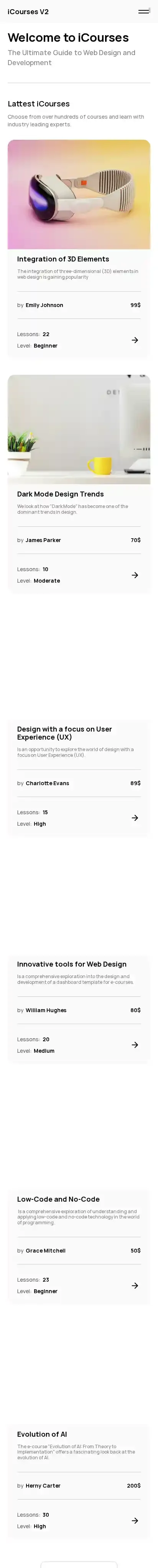 iCourses V2 home page on mobile