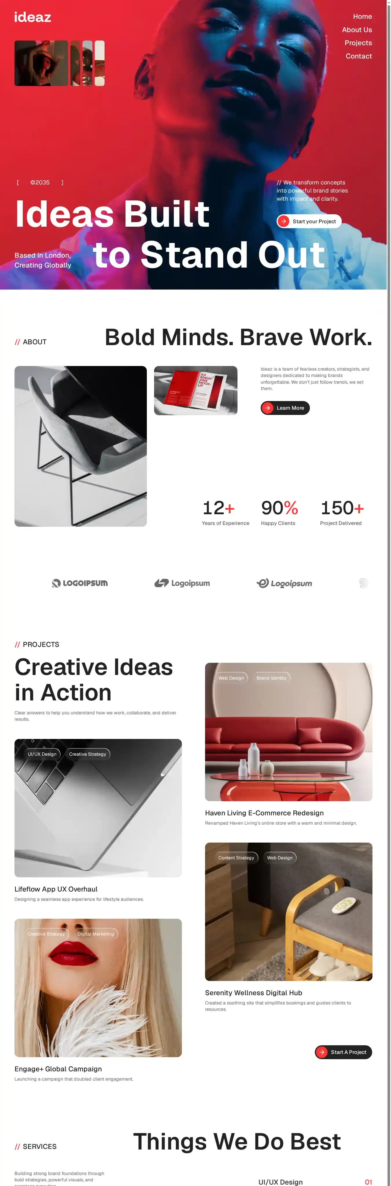Ideaz home page on desktop