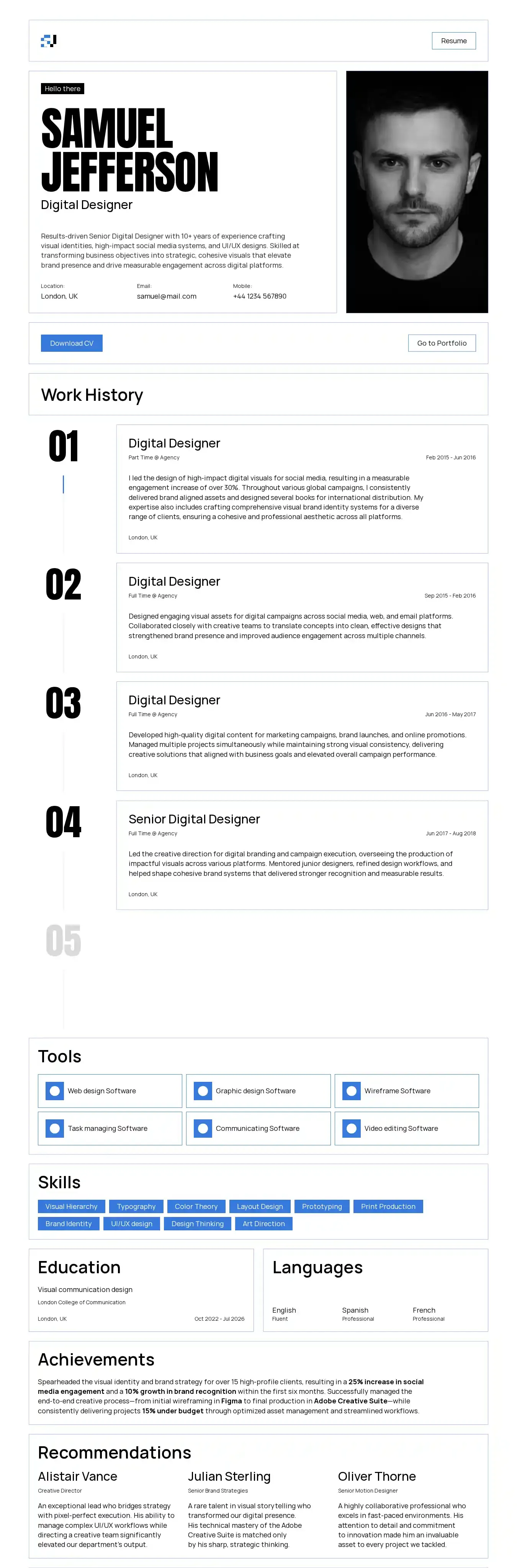 Impact CV home page on desktop