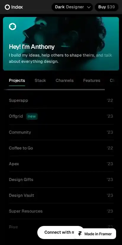 Indexy home page on mobile