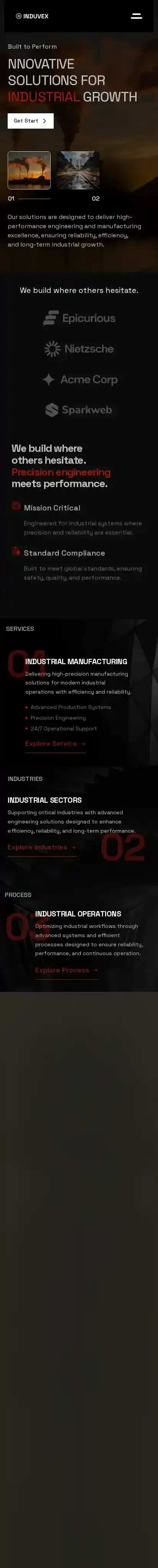 Induvex home page on mobile