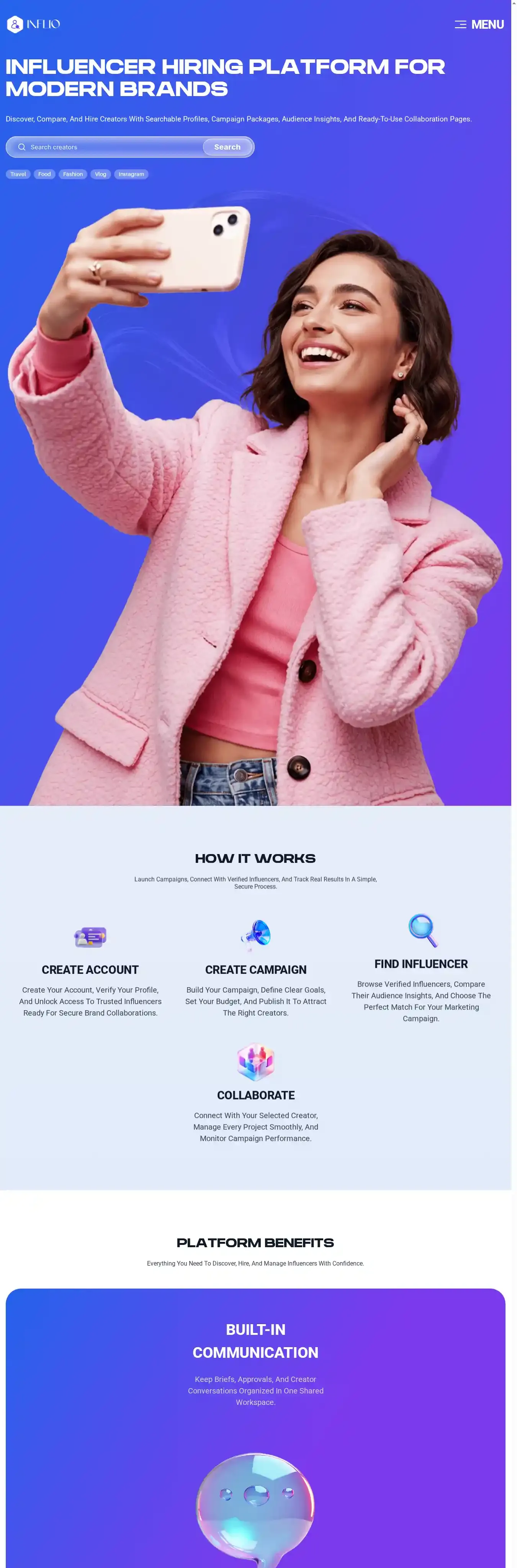 Inflio home page on desktop