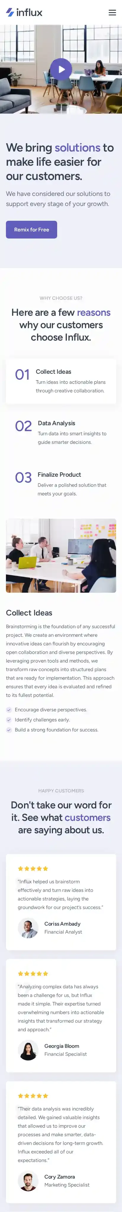 Influx home page on mobile