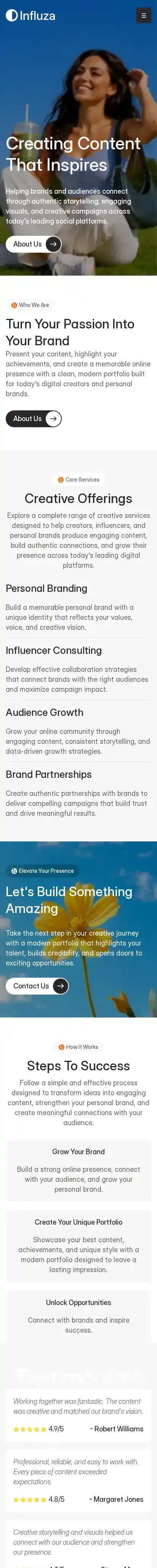 Influza home page on mobile