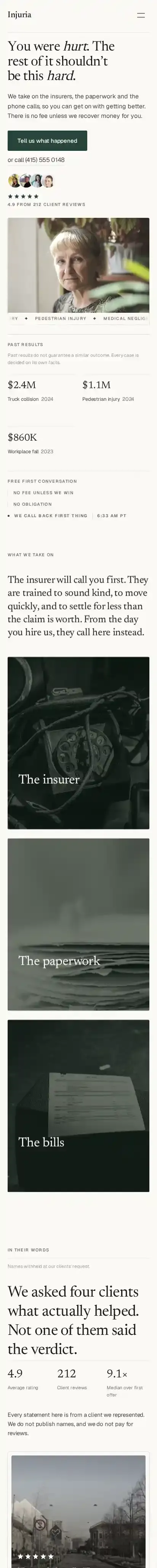Injuria home page on mobile
