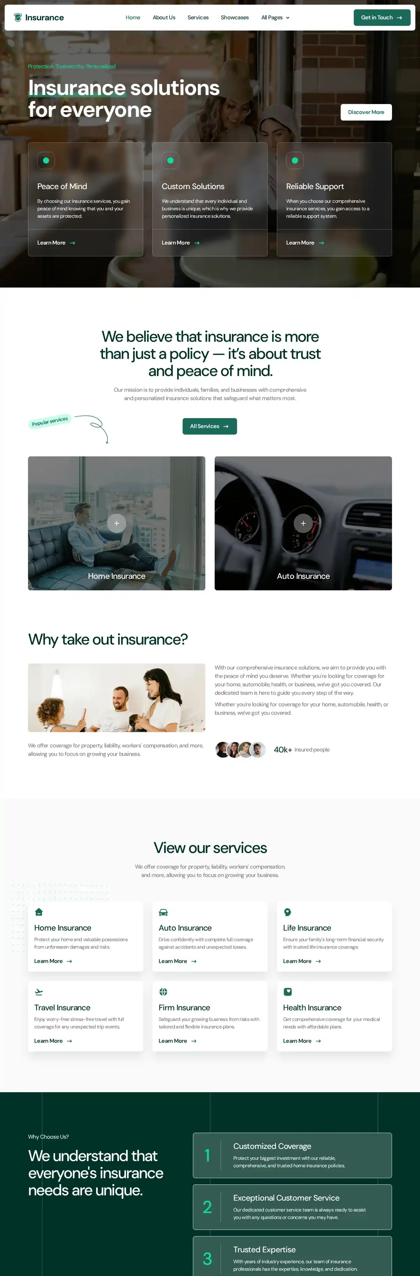 Insurance home page on desktop