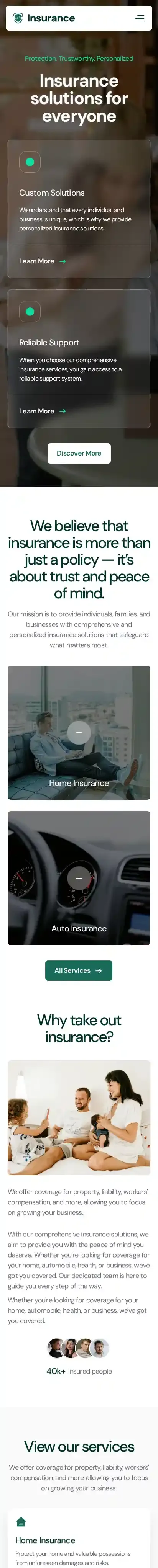 Insurance home page on mobile