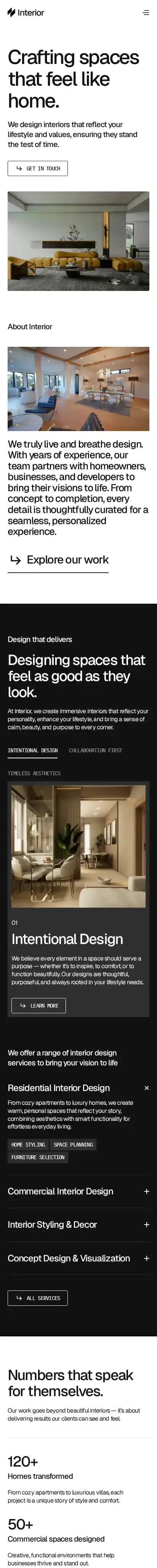 Interior Designs home page on mobile