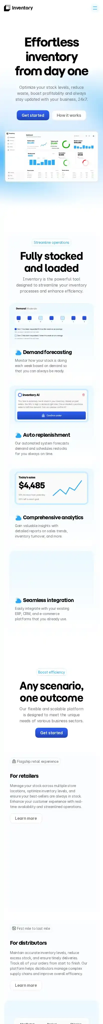Inventory home page on mobile