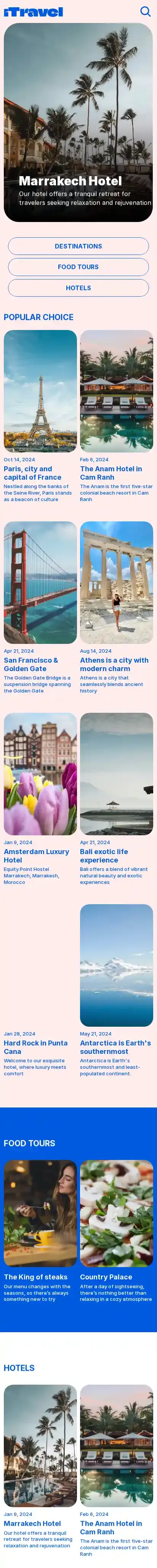 iTravel home page on mobile