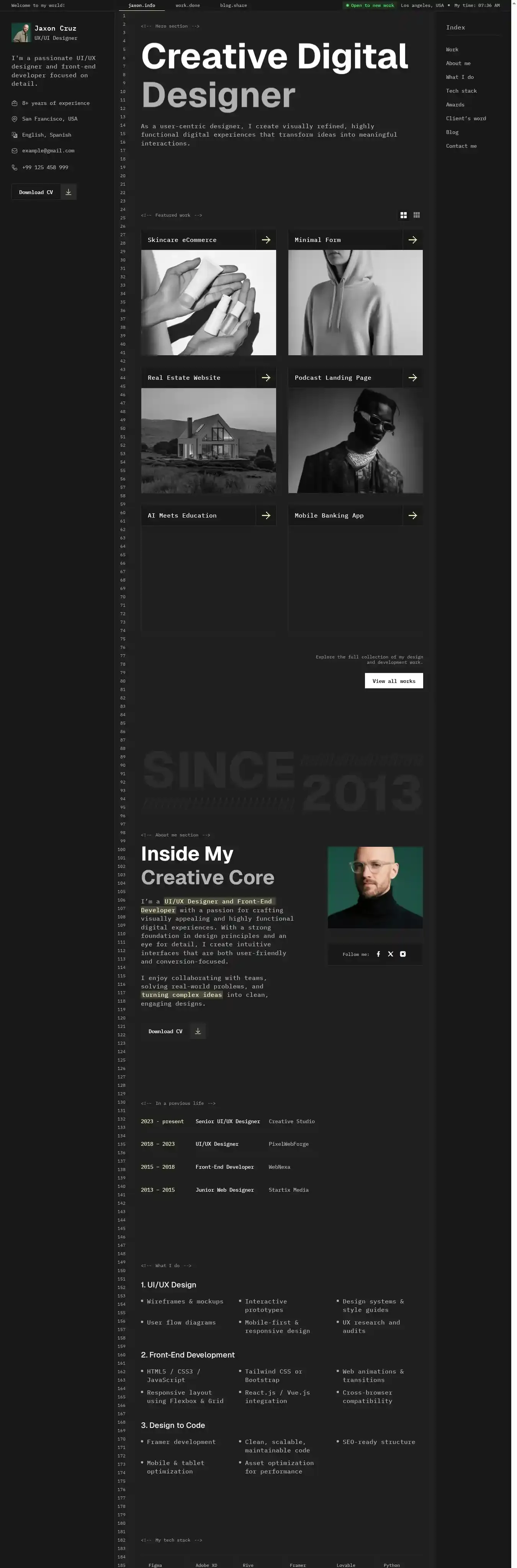 Jaxon Cruz home page on desktop