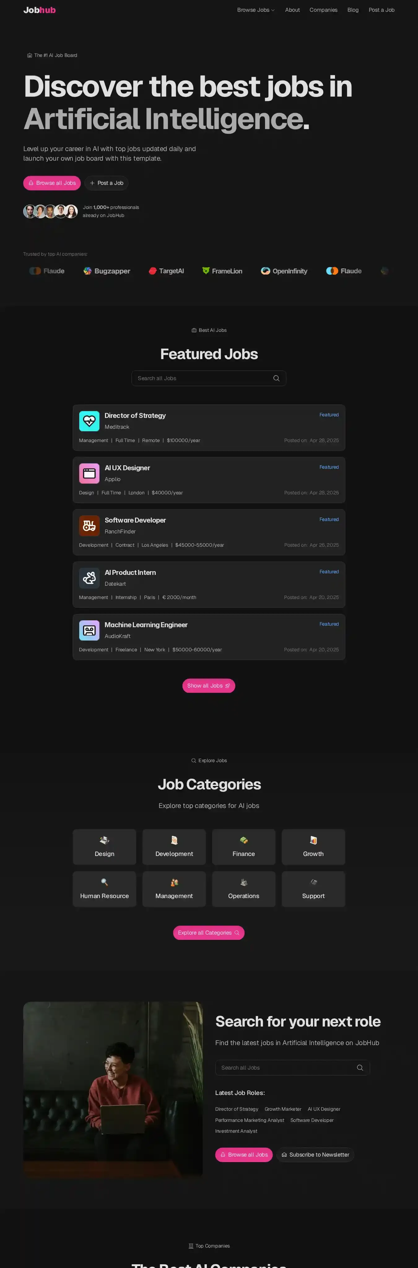 Jobhub home page on desktop