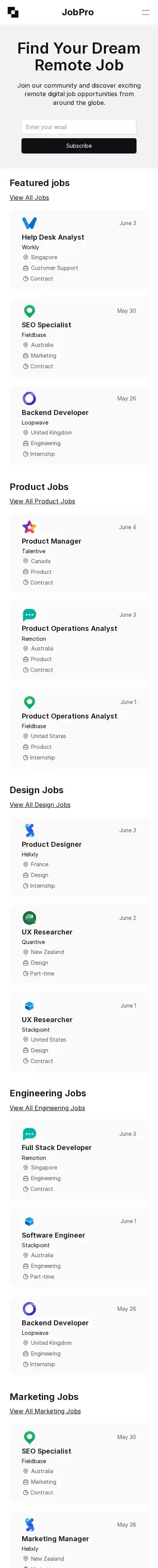 JobPro home page on mobile
