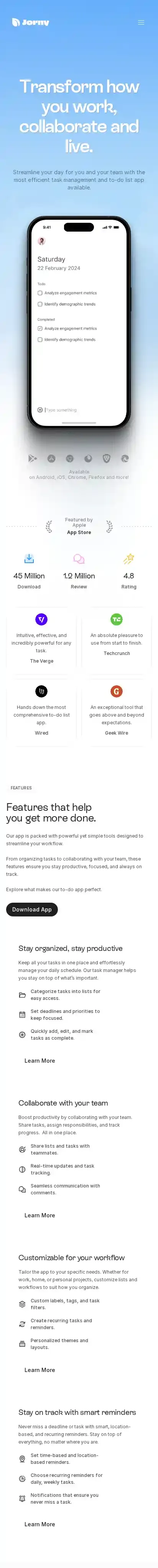 Jorny home page on mobile