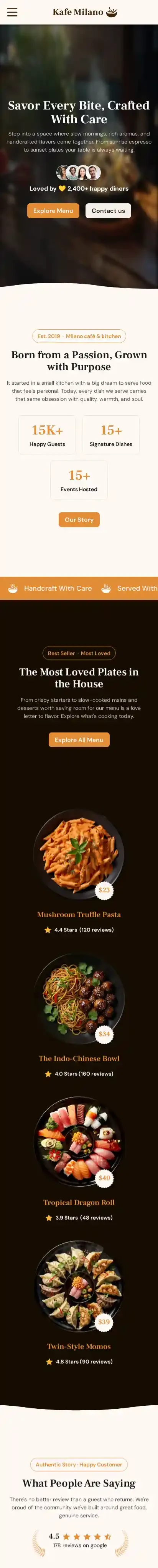 Kafe Milano home page on mobile
