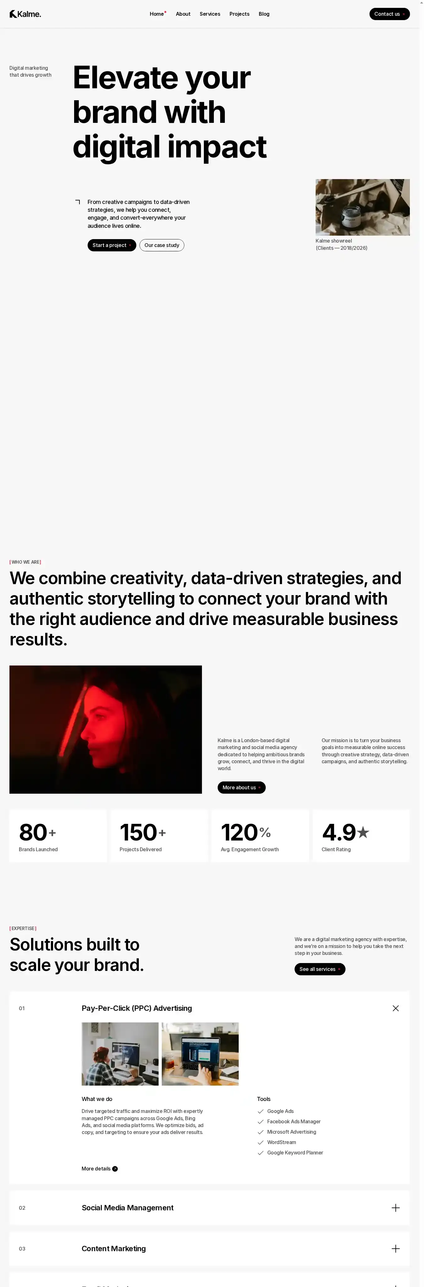 Kalme home page on desktop