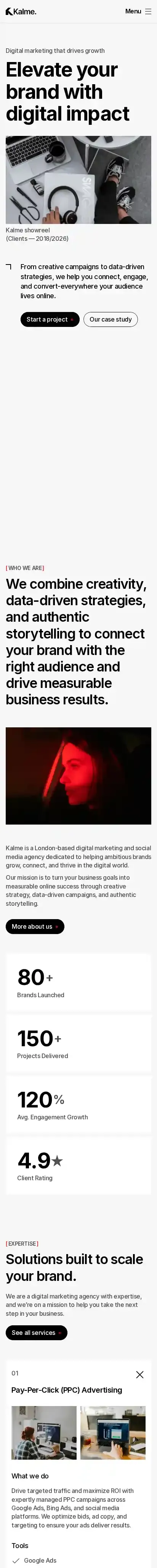 Kalme home page on mobile