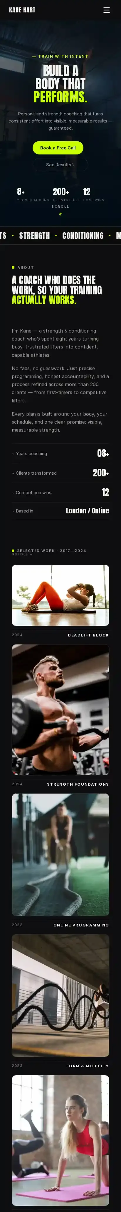 Kane - Fitness Coach home page on mobile