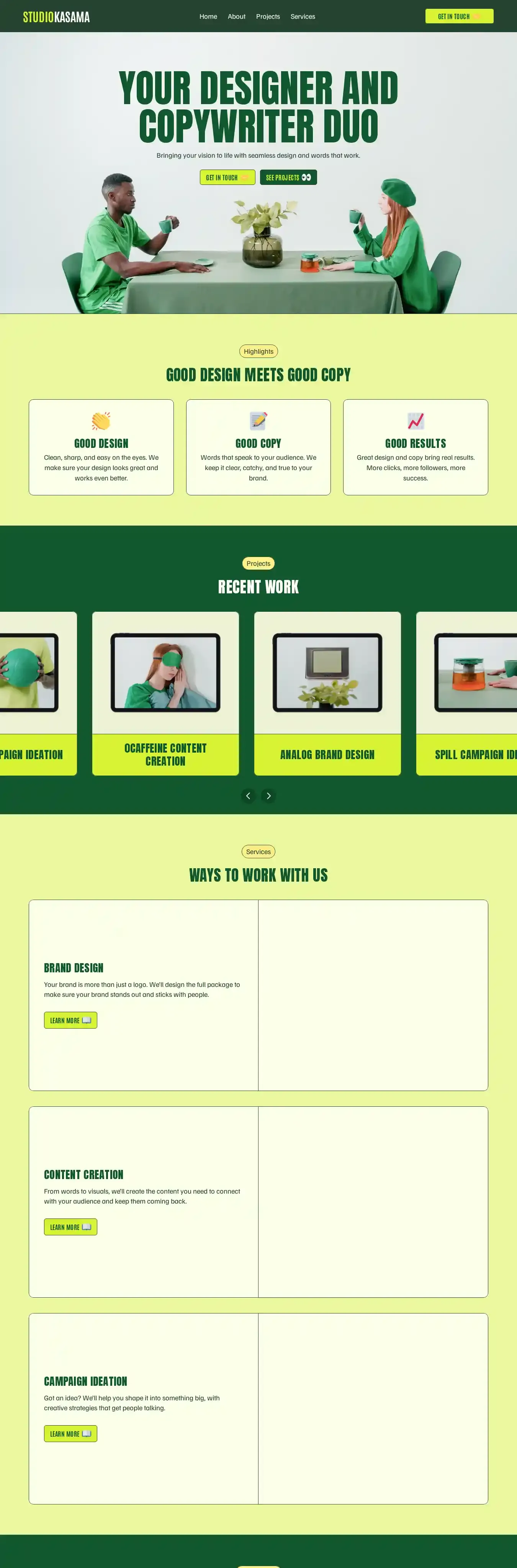 Kasama home page on desktop