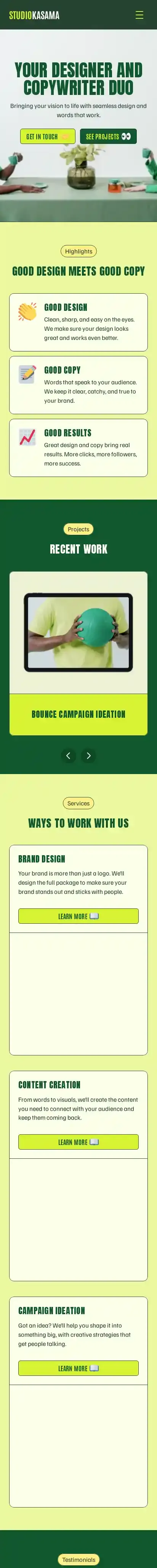 Kasama home page on mobile