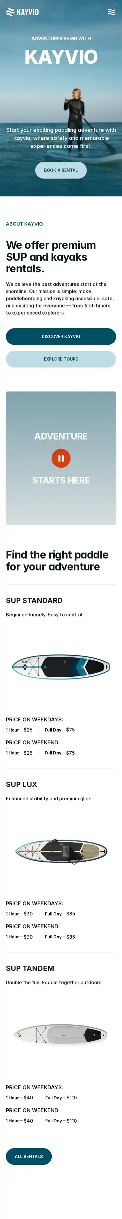 Kayak Rental home page on mobile