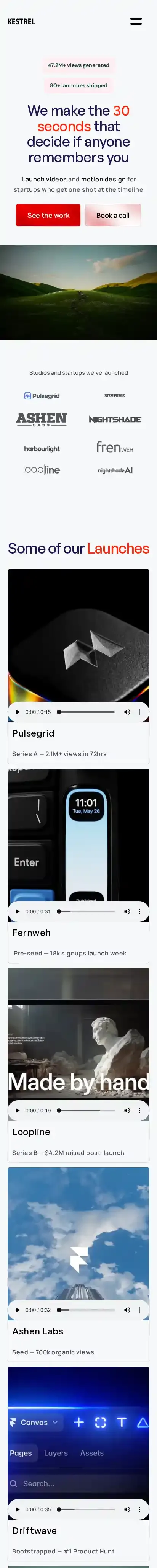 Kestrell home page on mobile