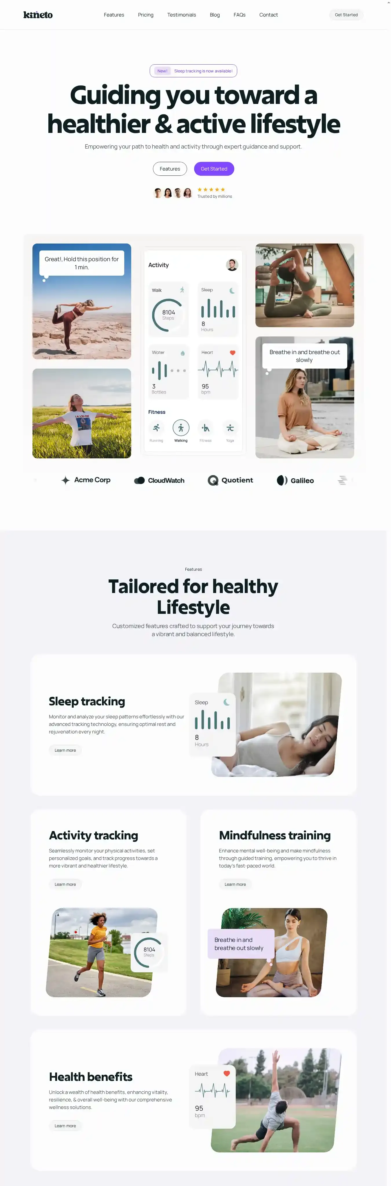 Kineto home page on desktop