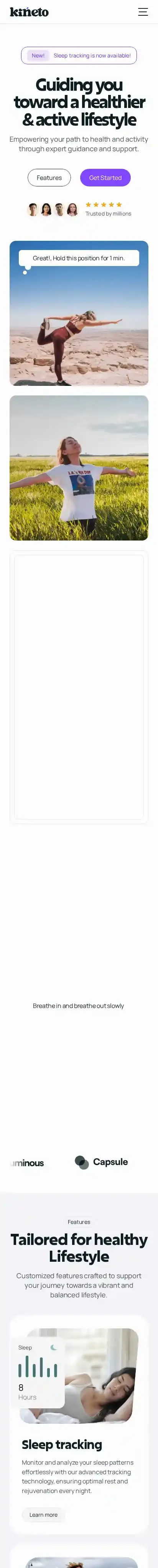 Kineto home page on mobile