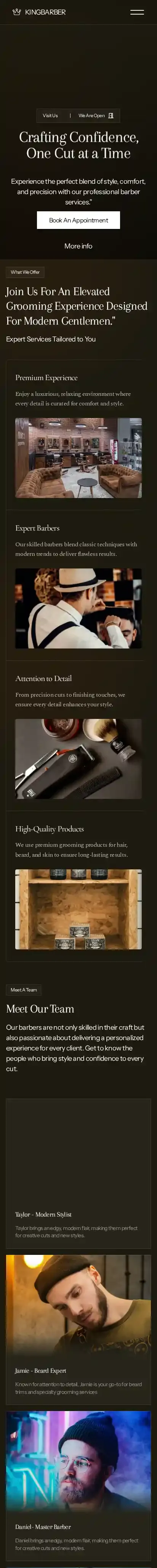 KingBarber home page on mobile